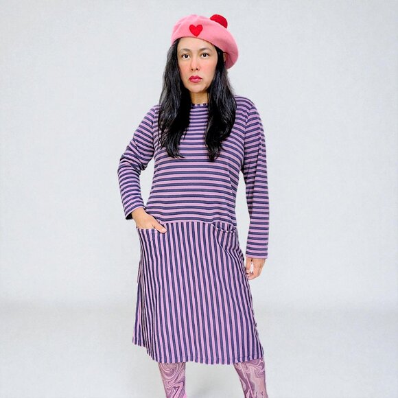 Gudrun Sjoden lilac eggplant striped pocket front artsy folk midi dress  W's L - Picture 2 of 9